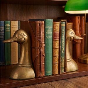 Vintage Solid Brass Mallard Duck Head Bookends Mid Century Modern Decor Pair